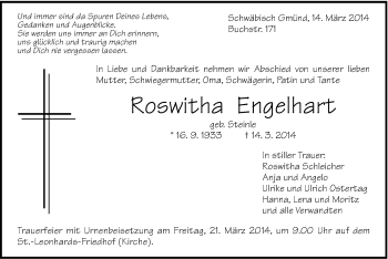 Traueranzeige von Roswitha Engelhart von Gmünder Tagespost