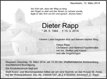 Traueranzeige von Dieter Rapp von Schwäbische Post