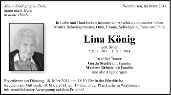 Traueranzeige von Lina König von Schwäbische Post