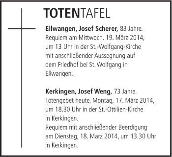 Traueranzeige von Totentafel vom 17.03.2014 von Schwäbische Post