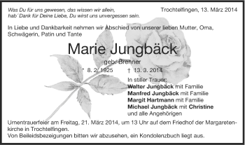 Traueranzeige von Marie Jungbäck von Schwäbische Post