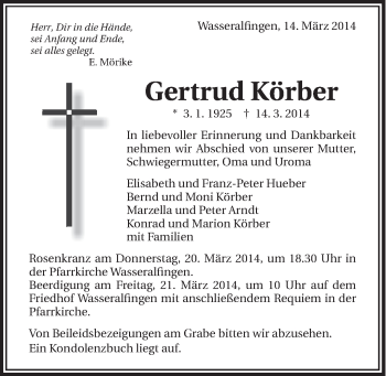 Traueranzeige von Gertrud Körber von Schwäbische Post