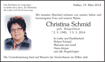 Traueranzeige von Christina Schmid von Schwäbische Post