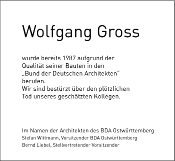 Traueranzeige von Wolfgang Gross von Schwäbische Post