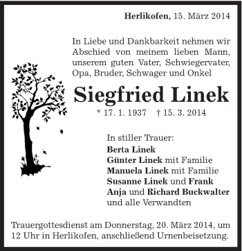 Traueranzeige von Siegfried Linek von Gmünder Tagespost