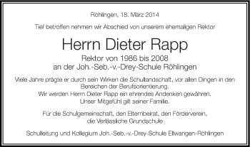 Traueranzeige von Dieter Rapp von Schwäbische Post