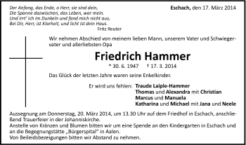 Traueranzeige von Friedrich Hammer von Gmünder Tagespost