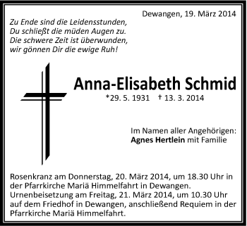 Traueranzeige von Anna-Elisabeth Schmid von Schwäbische Post