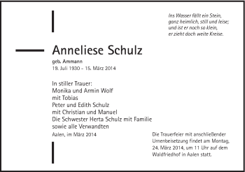 Traueranzeige von Anneliese Schulz von Schwäbische Post