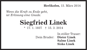 Traueranzeige von Siegfried Linek von Gmünder Tagespost