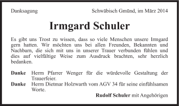 Traueranzeige von Irmgard Schuler von Gmünder Tagespost