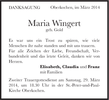 Traueranzeige von Maria Wingert von Schwäbische Post