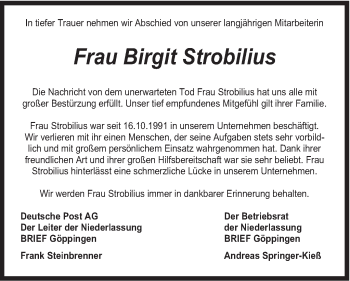 Traueranzeige von Birgit Strobilius von Gmünder Tagespost