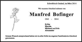 Traueranzeige von Manfred Bofinger von Gmünder Tagespost