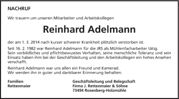 Traueranzeige von Reinhard Adelmann von Schwäbische Post