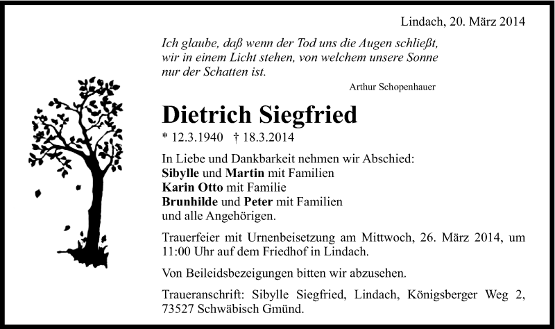  Traueranzeige für Dietrich Siegfried vom 20.03.2014 aus 020