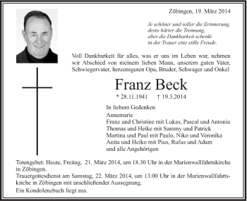 Traueranzeige von Franz Beck von Schwäbische Post