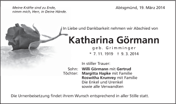 Traueranzeige von Katharina Görmann von Schwäbische Post
