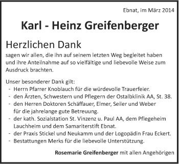 Traueranzeige von Karl-Heinz Greifenberger von Schwäbische Post