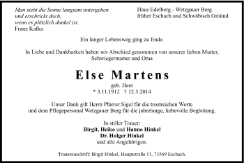 Traueranzeige von Else Martens von Gmünder Tagespost