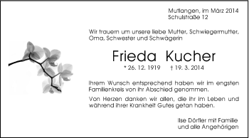 Traueranzeige von Frieda Kucher von Gmünder Tagespost