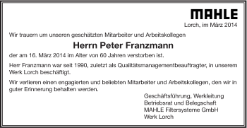 Traueranzeige von Peter Franzmann von Gmünder Tagespost