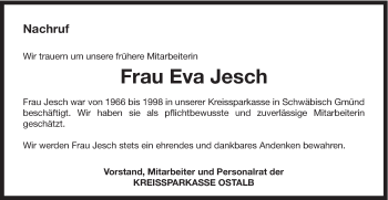 Traueranzeige von Eva Jesch von Gmünder Tagespost