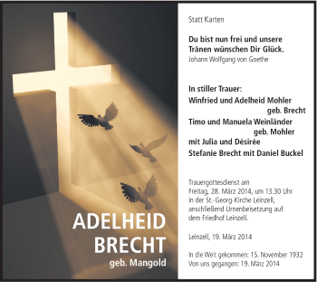 Traueranzeige von Adelheid Brecht von Gmünder Tagespost