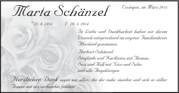 Traueranzeige von Marta Schänzel von Schwäbische Post