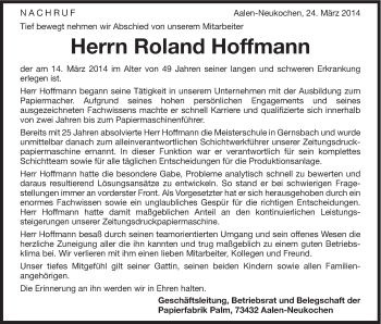 Traueranzeige von Roland Hoffmann von Schwäbische Post