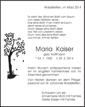 Traueranzeige von Maria Kaiser von Gmünder Tagespost
