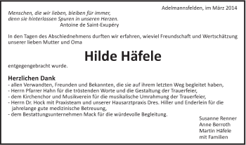 Traueranzeige von Hilde Häfele von Schwäbische Post