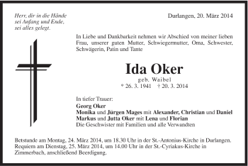Traueranzeige von Ida Oker von Gmünder Tagespost