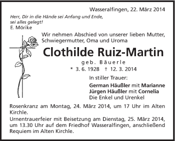 Traueranzeige von Clothilde Ruiz-Martin von Schwäbische Post
