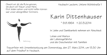 Traueranzeige von Karin Dittenhauser von Gmünder Tagespost