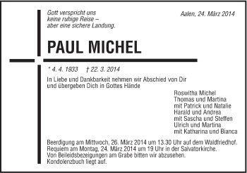 Traueranzeige von Paul Michel von Schwäbische Post