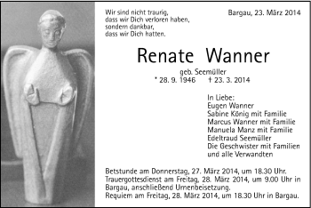Traueranzeige von Renate Wanner von Gmünder Tagespost