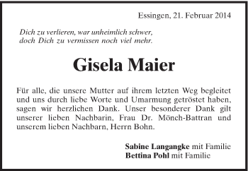 Traueranzeige von Gisela Maier von Schwäbische Post