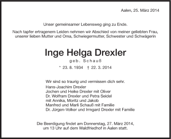 Traueranzeige von Inge Helga Drexler von Schwäbische Post