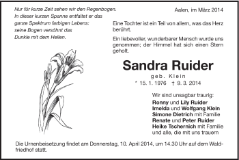 Traueranzeige von Sandra Ruider von Schwäbische Post