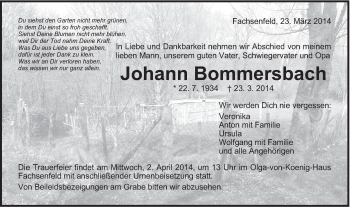 Traueranzeige von Johann Bommersbach von Schwäbische Post