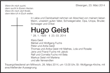 Traueranzeige von Hugo Geist von Schwäbische Post