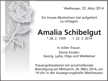 Traueranzeige von Amalia Schibelgut von Schwäbische Post