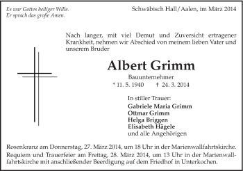 Traueranzeige von Albert Grimm von Schwäbische Post