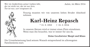 Traueranzeige von Karl-Heinz Repasch von Schwäbische Post