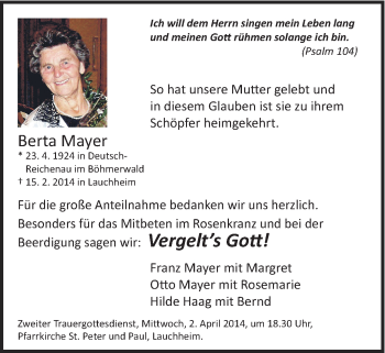 Traueranzeige von Berta Mayer von Schwäbische Post