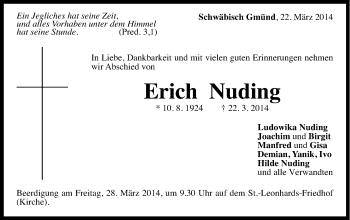 Traueranzeige von Erich Nuding von Gmünder Tagespost