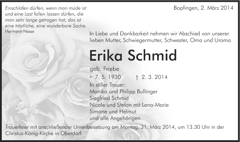  Traueranzeige für Erika Schmid vom 26.03.2014 aus Schwäbische Post