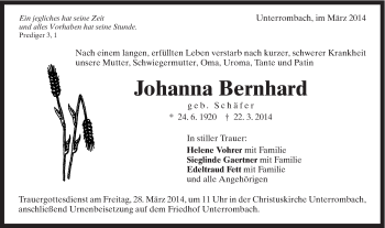 Traueranzeige von Johanna Bernhard von Schwäbische Post