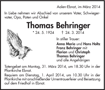 Traueranzeige von Thomas Behringer von Schwäbische Post